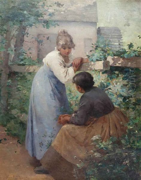 Two Women Chatting In A Garden With A Mill - view 1