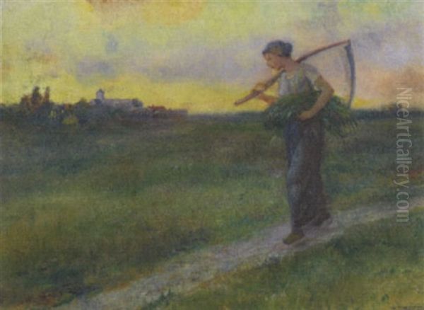 Female Harvester In A Field At Dusk - view 1