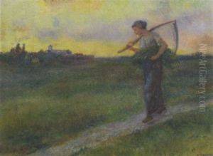 Female Harvester In A Field At Dusk Female Harvester In A Field At Dusk