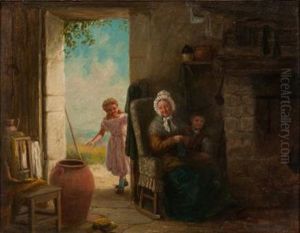 Cottage Interior With Grandmother And Children Cottage Interior With Grandmother And Children