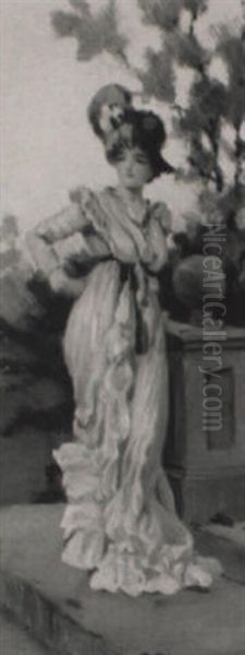 A Lady In White On Garden Steps - view 1