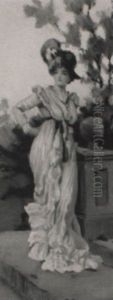 A Lady In White On Garden Steps by Charles Frederick Lowcock