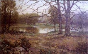 Autumn Pond Scene With Fallen Leaves by Milton H. Lowell