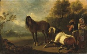 A Gypsy Family With Two Horses Resting In A Landscape, A Barn Beyond by Christian Ludwig von Loewenstern