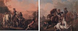 An Artillery Officer Overseeing His Men Positioning Their Canon With A Cavalry Charge Beyond An Artillery Officer Overseeing His Men Positioning Their Canon With A Cavalry Charge Beyond