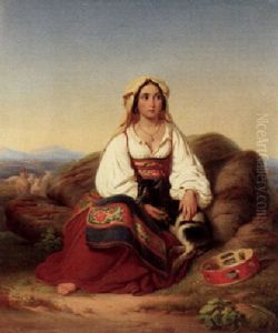 Neapolitanische Ziegenhirtin In Weiter Campagnalandschaft by Emil Loewenthal