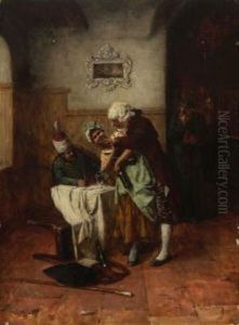 Heitere Gesellschaft. Im Beisein Eines Belustigten Husaren Kost Ein Herr Im Rokokokostum Die Kellnerin. Der Priester Im Hintergrund Verfolgt Das Geschehen Mit Bedenklicher Miene Heitere Gesellschaft. Im Beisein Eines Belustigten Husaren Kost Ein Herr Im Rokokokostum Die Kellnerin. Der Priester Im Hintergrund Verfolgt Das Geschehen Mit Bedenklicher Miene