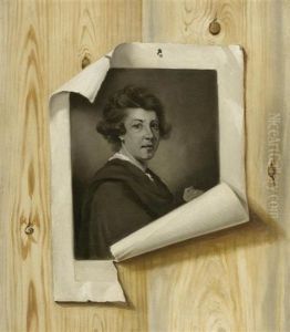 Trompe L'oeil Mit Einem Portrait Sir Joshua Reynolds An Einer Holzwand