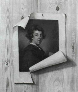 A Tromp L'oeil Painting Of A Curling Print, Depicting Sir Joshua Reynolds, Nailed To A Wooden Board by Strickland Lowry