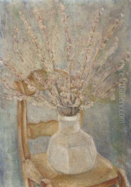 A Still Life With Blossom Branches In A White Vase On A Chair - view 1