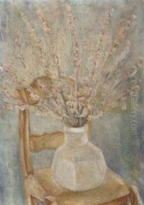 A Still Life With Blossom Branches In A White Vase On A Chair by Adriaan Lubbers
