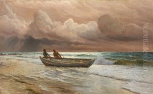 Seascape With Two Fishermen Pulling Their Boat Ashore by Holger Luebbers