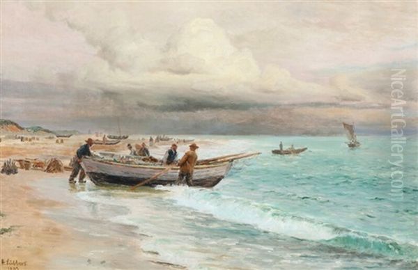 Coastal Scenery With Fishermen At Their Boats - view 1