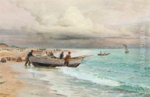 Coastal Scenery With Fishermen At Their Boats by Holger Luebbers