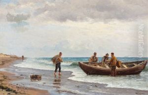 Fishermen Around A Dinghy At The Water's Edge by Holger Luebbers