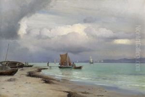 Segelschiffe Im Oresund Bei Aufziehendem Gewitter by Holger Luebbers