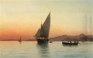 Fishermen And Ships At Sea In The Gulf Of Naples On A Quiet Day by Holger Luebbers