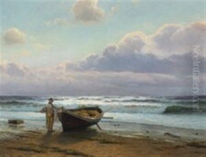 Mand Ved Bad (evening Scenery With Fisherman) by Holger Luebbers