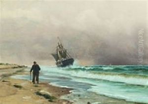 Coastal Scenery At A Wreck And A Man Walking Along The Beach