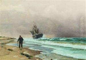 Coastal Scenery With A Wreck And A Man Walking Along The Beach