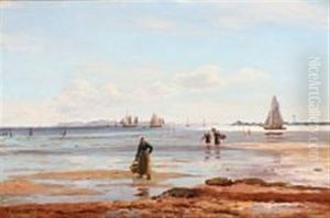Collecting Mussels At The Beach, In The Background Numerous Sailing Ships