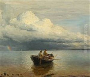 Fishermen By Their Boat,  On The Horizon A Rainbow