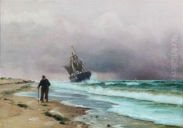 Coastal Scene With An Older Man Walking Along The Beach - view 1