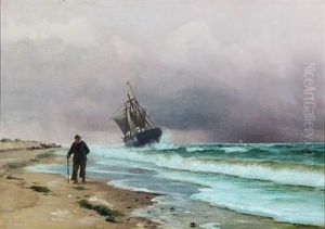 Coastal Scene With An Older Man Walking Along The Beach