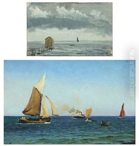 Seascape With Steamer And Coastal Scenery With Boathouse (2 Works) by Holger Luebbers