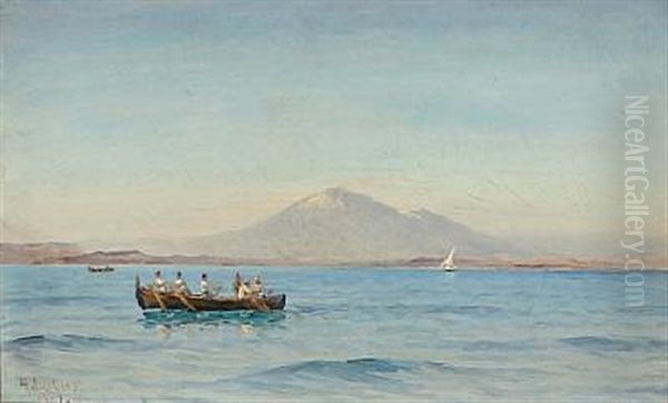 Summer Day At The Gulf Of Naples With Fishermen In A Boat In The Background Vesuvius - view 1