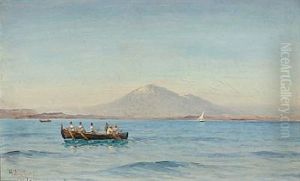 Summer Day At The Gulf Of Naples With Fishermen In A Boat In The Background Vesuvius
