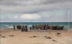 Beach Scene With Fishermen's Catch