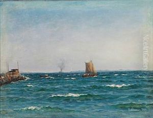 Coastal Scene From Snekkersten With A Sailing Ship At Sea by Holger Luebbers