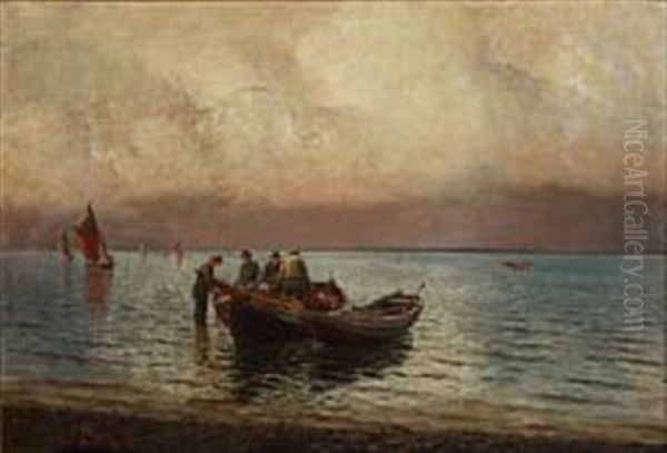 Fishermen Fixing Fishnet In The Water Edge - view 1