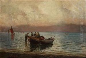 Fishermen Fixing Fishnet In The Water Edge