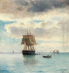 Seascape With A Bark On Calm Sea by Holger Luebbers