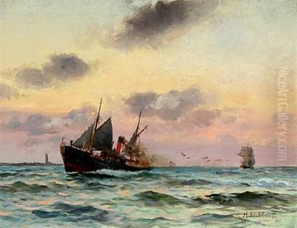 Evening Scenery With Steamer At A Lighthouse - view 1