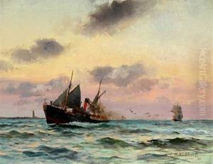 Evening Scenery With Steamer At A Lighthouse
