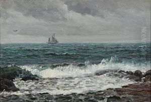 Waves With A Sailing Ship In The Horizon by Holger Luebbers