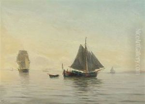 Seascape With Several Sailing Ships In The Morning Mist by Holger Luebbers