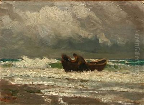 Two Fishermen Draws Their Rowboat Up On The Shore - view 1