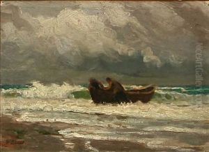 Two Fishermen Draws Their Rowboat Up On The Shore