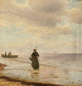 Coastal Scene With A Fisherman's Wife And Three Fishermen (skagen, Denmark) by Holger Luebbers
