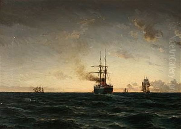 Seascape With A Steamer And Sailing Ships In The Evening Sun - view 1