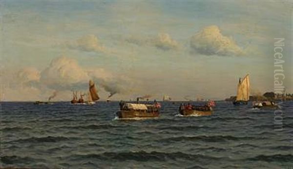 Barges And Rowing Boat With The American Flag At Trekroner Off Copenhagen - view 1