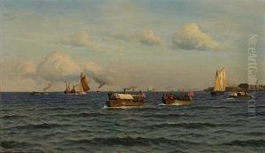 Barges And Rowing Boat With The American Flag At Trekroner Off Copenhagen