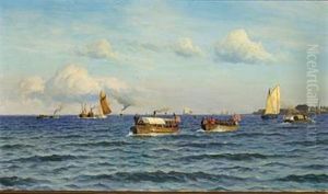 Barges And Rowing Boats With The American Flag At Trekroner Off Copenhagen