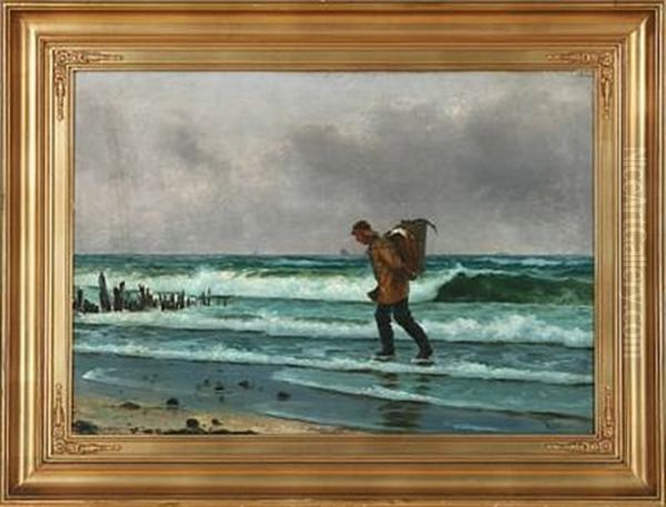 Fisherman On The Beach With A Basket With Today's Catch On His Back - view 1