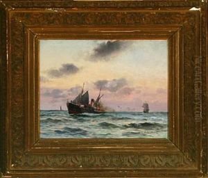 Seascape With Motor Ship And Sailing Ship Off Lighthouse