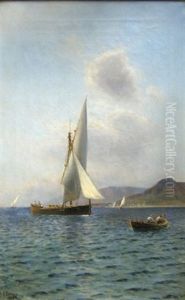 Parti Fra Syditalien Med Fiskerjolle Og Fragtbad Pa Vandet, I Baggrunden Klippekyst, Sommer